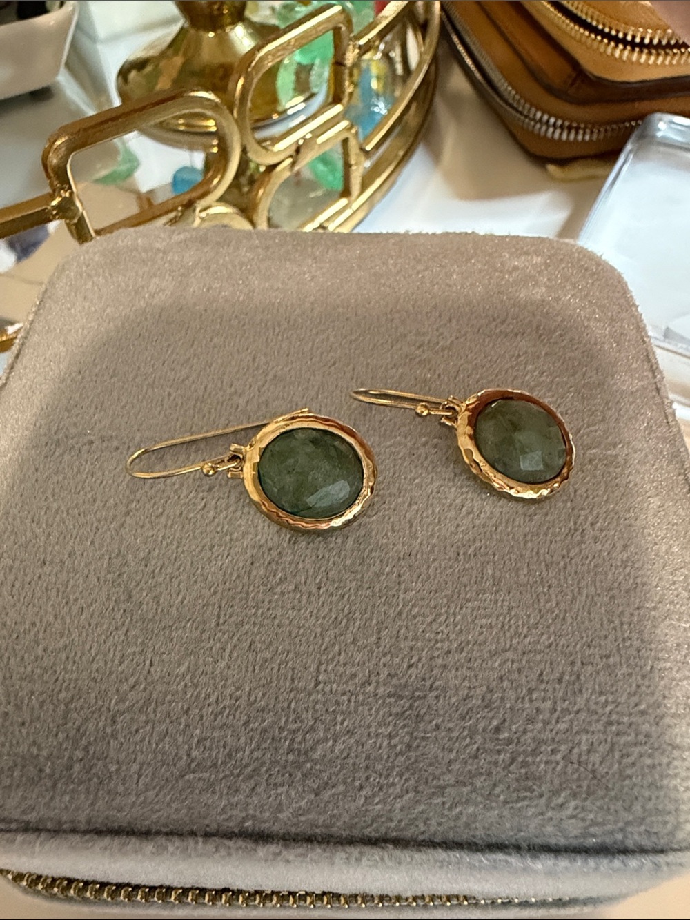 Gold Drop Earrings with Green Stone